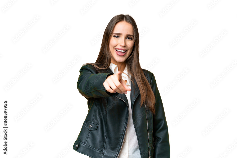 Young beautiful woman over isolated chroma key background surprised and pointing front Young beautiful woman over isolated chroma key background surprised and pointing front