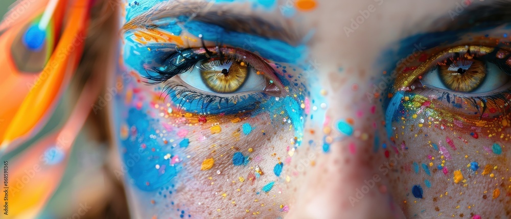 Fototapeta premium Close-up of eyes with vibrant artistic face paint blending blue, orange, and gold hues. Creative and colorful makeup photography.