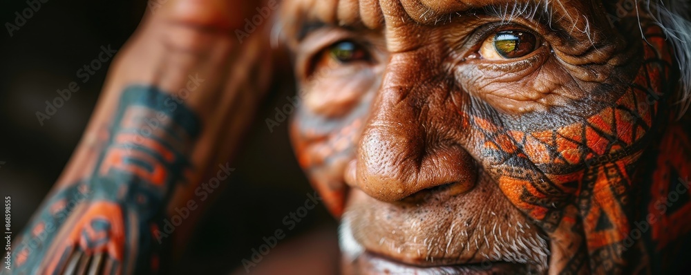Close-up portrait of an elderly person with traditional face and hand tattoos, reflecting wisdom and rich cultural heritage.