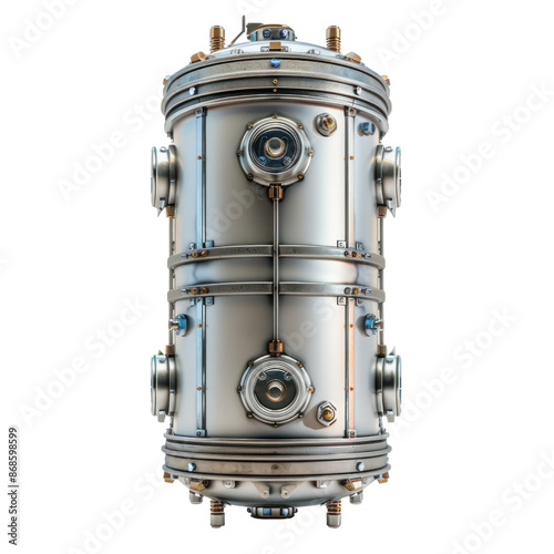 High-tech metallic industrial cylinder with intricate details and multiple valves, isolated on a white background.