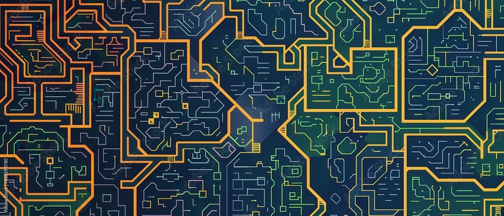 A computer chip with many lines and squares of different colors A computer chip with many lines and squares of different colors