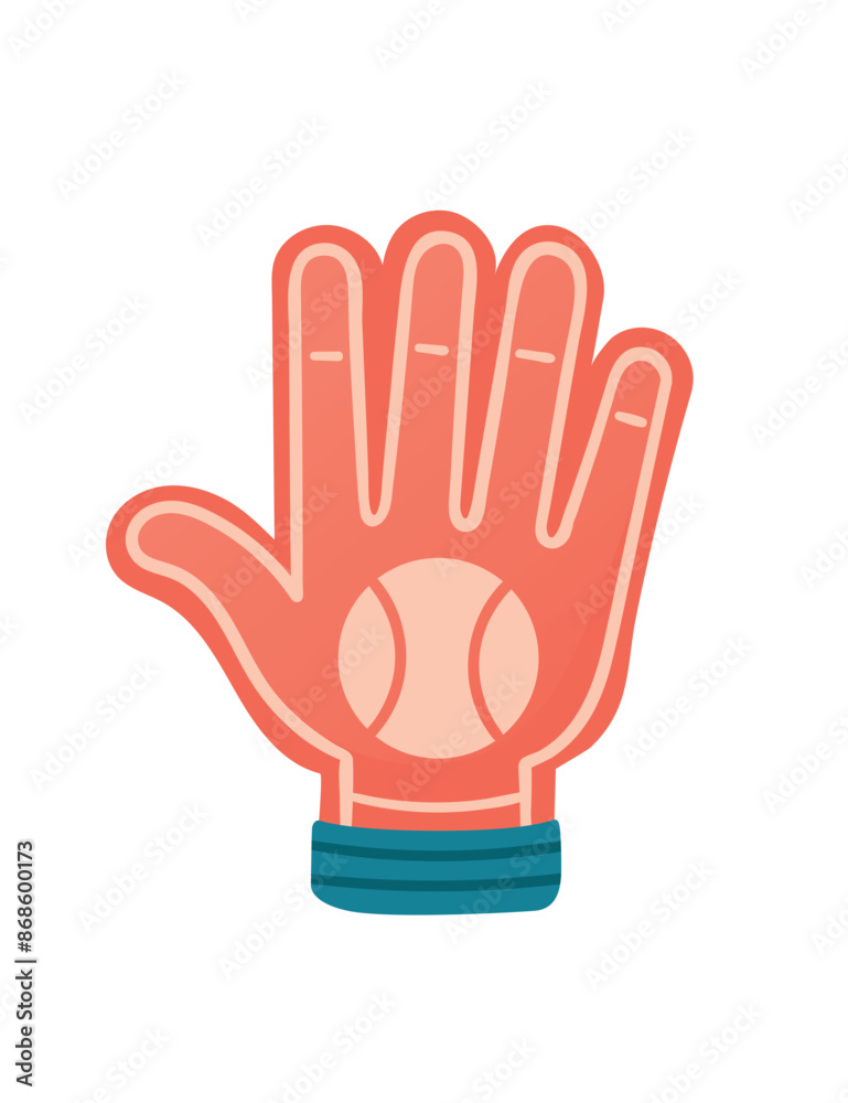 Obraz premium Baseball foam hand glove with raised fingers, red color supporter accessory vector illustration isolated on white background