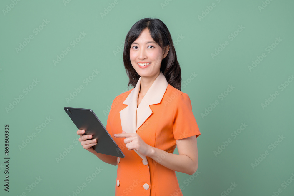 Smiling Woman in Orange Dress with Tablet Smiling Woman in Orange Dress with Tablet