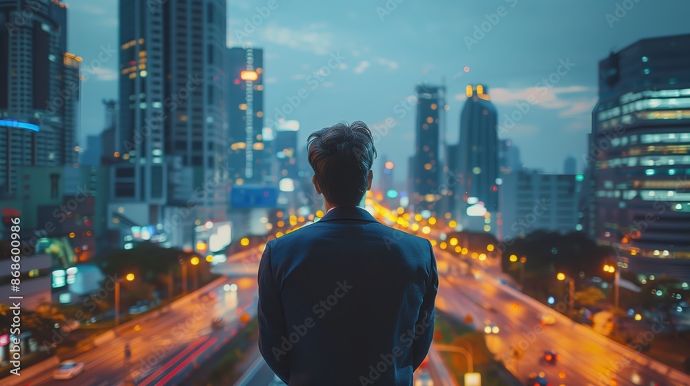 Business Man Looking at City Skyline, Cinematic Style with Urban Night Lights Business Man Looking at City Skyline, Cinematic Style with Urban Night Lights