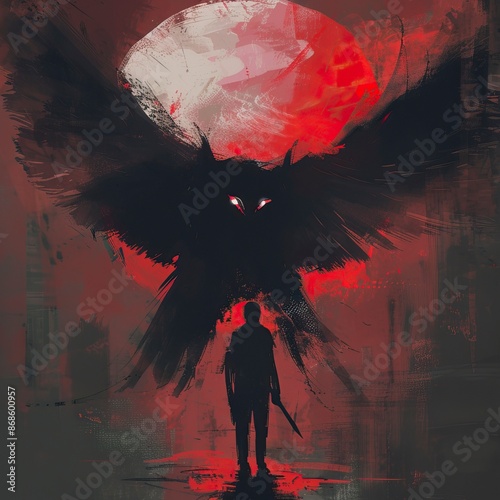 Digital illustration and painting design style of the Mothman cryptid mythological 