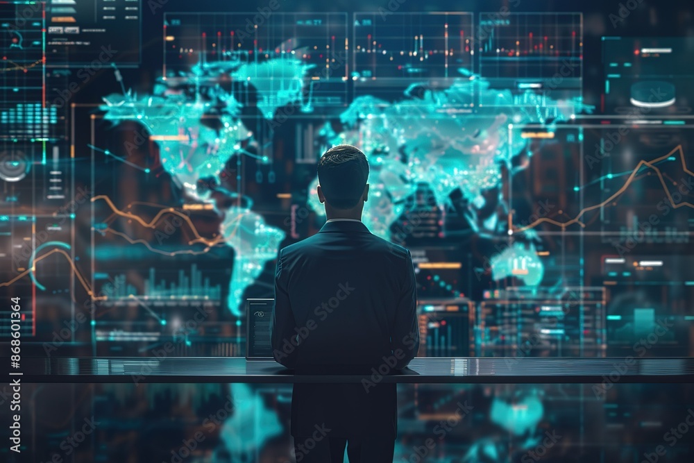 Businessman standing in office analyzing sales data and economic growth graph financial, solution analysis and development contents on table and global network connection interface background Businessman standing in office analyzing sales data and economic growth graph financial, solution analysis and development contents on table and global network connection interface background