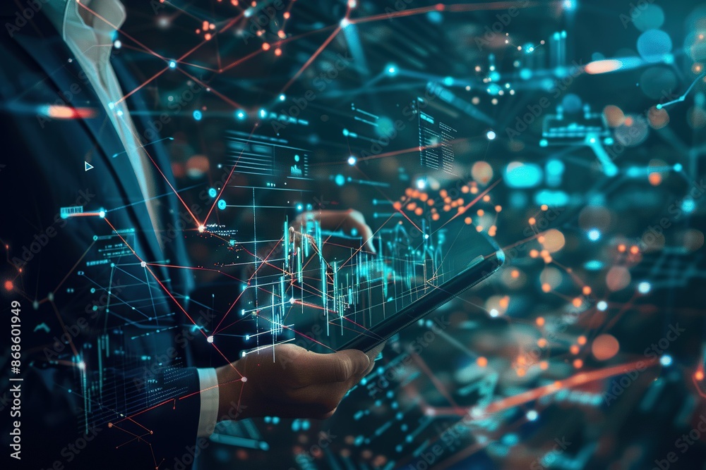 Double exposure of graph chart and network connection on businessman using tablet analyzing sales data and economic growth on citiy background. Business and digital hi tech, mechanical technology