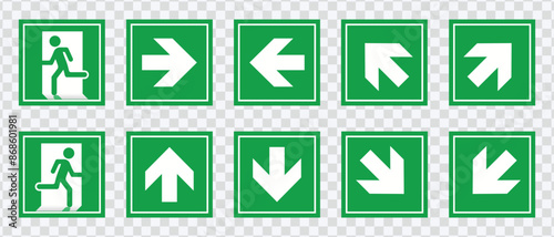 "Emergency exit sign set. Running man and exit door icons for safety and evacuation visuals."