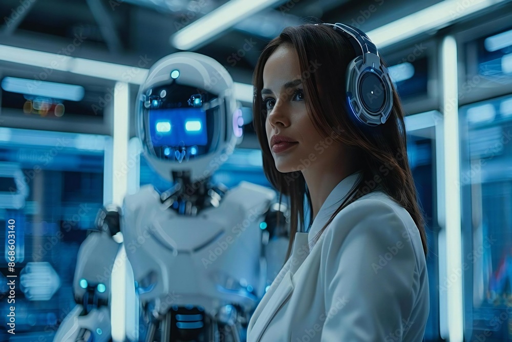 Futuristic holographic screens and AI robots assist a beautifully dressed woman in resolving a customer service issue. Futuristic holographic screens and AI robots assist a beautifully dressed woman in resolving a customer service issue.