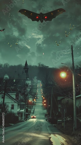 Mothman over the small American town. Illustration based on the urban legend of Point Pleasant