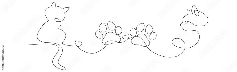 Obraz premium Linea continua con gatto seduto, impronte di zampa. E cuore. heart. Amore per gli animali in un semplice stile lineare, Illustrazione grafica vettoriale per Canva, presentazione, decorazione, ricamo, 