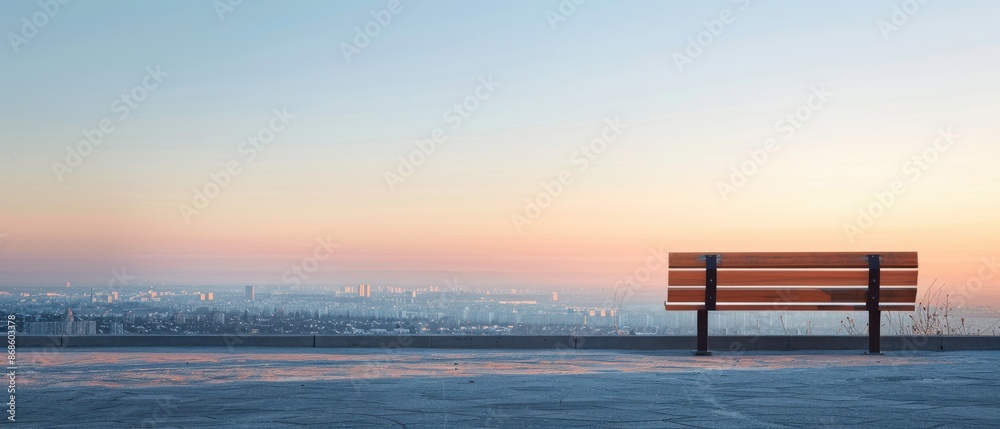 A bench is sitting on a hill overlooking a city A bench is sitting on a hill overlooking a city
