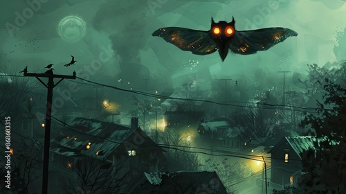 Mothman over the small American town. Illustration based on the urban legend of Point Pleasant