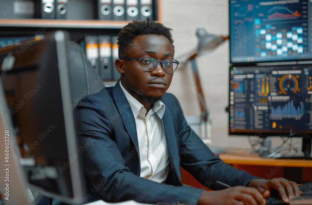African Financial Analyst Using Holographic Screens And AI Technology In Modern Office Setting. African Financial Analyst Using Holographic Screens And AI Technology In Modern Office Setting.