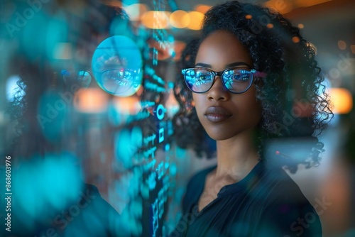 stylish African American business woman, with holographic screens and AI assistants, conducting a futuristic invoice audit in a sleek, high-tech office.