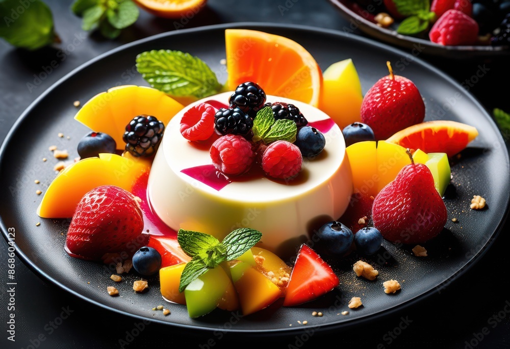delicious panna cotta fresh fruits dessert presentation, sweet, creamy, elegant, vanilla, berries, strawberry, blueberry, raspberry, kiwi, mango, garnish delicious panna cotta fresh fruits dessert presentation, sweet, creamy, elegant, vanilla, berries, strawberry, blueberry, raspberry, kiwi, mango, garnish