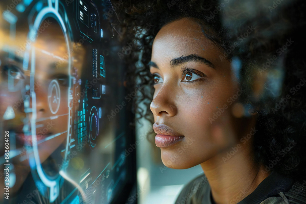 Beautiful African woman engaging in a futuristic holographic video conference on a transparent digital computer screen. Beautiful African woman engaging in a futuristic holographic video conference on a transparent digital computer screen.