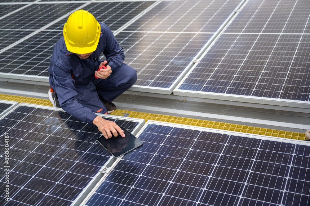 A male engineer inspects solar panels on the roof of a power plant with a tablet Technology for renewable energy and sustainability Future alternatives to energy