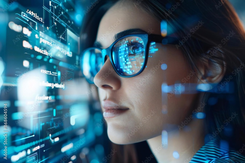Modern holographic screens display a checklist for buying and appraising real estate, featuring beautiful persons wearing eyeglasses. Modern holographic screens display a checklist for buying and appraising real estate, featuring beautiful persons wearing eyeglasses.