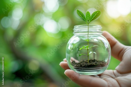 Hand Holding Glass Jar with Growing Plant. Generative ai.