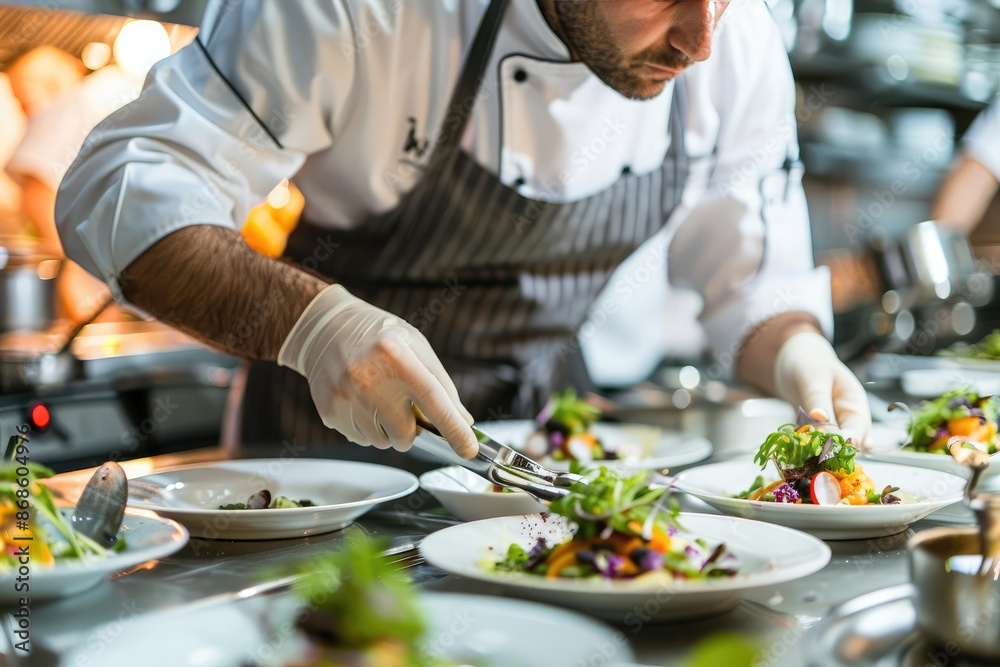 Chef meticulously prepares a dish in a professional kitchen, showcasing culinary expertise and attention to detail in gourmet cooking. Chef meticulously prepares a dish in a professional kitchen, showcasing culinary expertise and attention to detail in gourmet cooking.