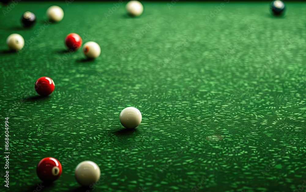 Close-up of a billiard table with colorful balls scattered across the green surface, ready for a game of pool or snooker. Close-up of a billiard table with colorful balls scattered across the green surface, ready for a game of pool or snooker.