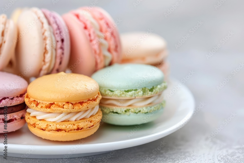 Close-up of vibrant, assorted macarons on a white plate, showcasing a variety of colors and flavors, perfect for a dessert or pastry concept.