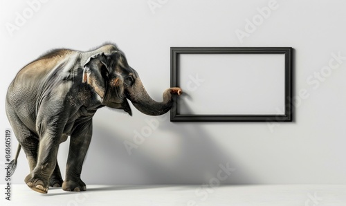 Elephant with Trunk Touching a Blank Frame. Generative ai