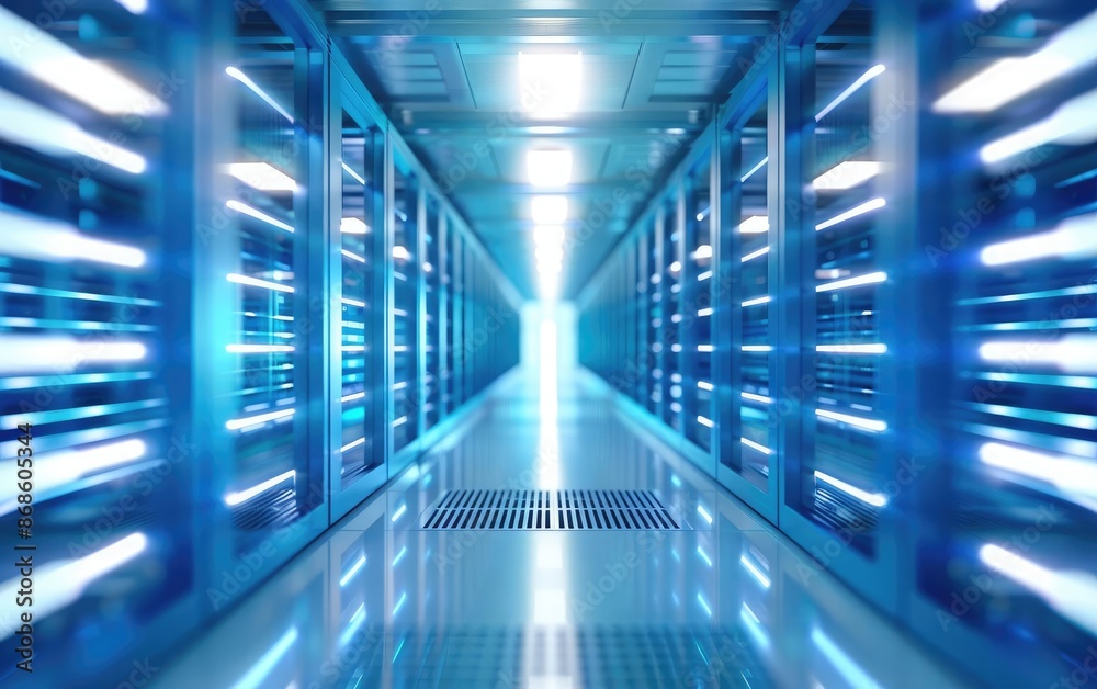 Fototapeta premium Modern data center with blue LED lights illuminating server racks, showcasing advanced technology and infrastructure.