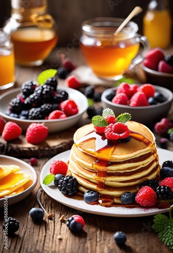 Wallpaper Mural delicious golden pancakes topped fresh berries, breakfast, brunch, recipe, fluffy, fruit, syrup, whipped, cream, maple, blueberries, strawberries Torontodigital.ca
