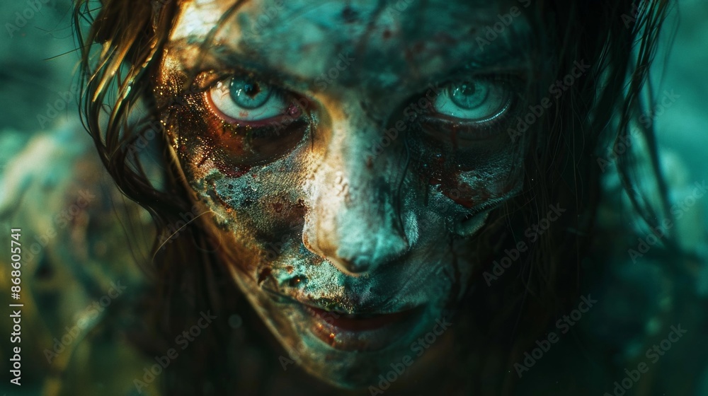 A woman with a zombie face is staring at the camera