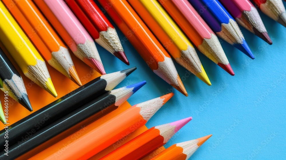 A row of pencils with different colors and sizes A row of pencils with different colors and sizes