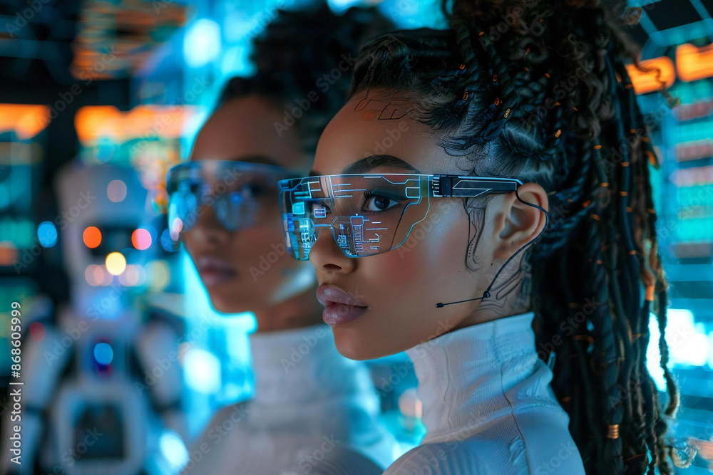 In a futuristic setting, two beautiful individuals wearing stylish eyeglasses stand in front of holographic screens, surrounded by AI robots assisting them in their high-tech tasks. In a futuristic setting, two beautiful individuals wearing stylish eyeglasses stand in front of holographic screens, surrounded by AI robots assisting them in their high-tech tasks.