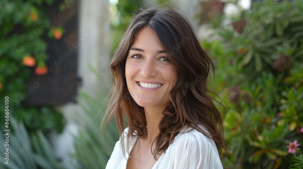 a woman with long hair smiling at the camera with a bush in the background and a plant in the foreground a woman with long hair smiling at the camera with a bush in the background and a plant in the foreground