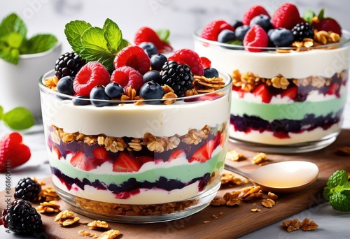 delicious layered parfait fresh berries sweet dessert indulgence, colorful, fruity, creamy, tasty, refreshing, healthy, snack, homemade, culinary, cuisine