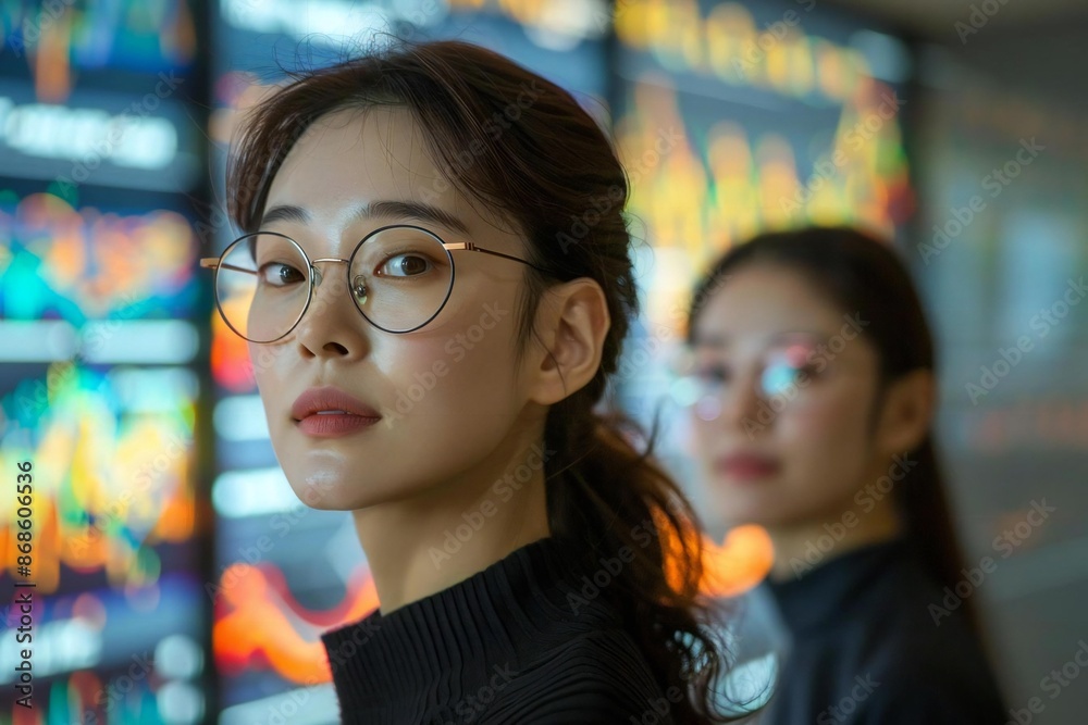 Two beautiful individuals wearing eyeglasses stand in front of a holographic screen displaying a real-time visual of their carbon dioxide footprint reduction progress. Two beautiful individuals wearing eyeglasses stand in front of a holographic screen displaying a real-time visual of their carbon dioxide footprint reduction progress.