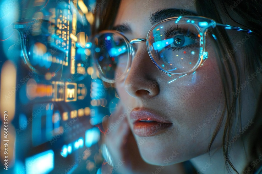 Beautiful persons with eyeglasses, using holographic screens to receive support for Self Impostor Disorder and Depression in a futuristic AI-powered workplace. Beautiful persons with eyeglasses, using holographic screens to receive support for Self Impostor Disorder and Depression in a futuristic AI-powered workplace.