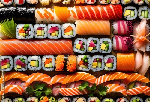 vibrant deconstructed sushi rolls colorful ingredients, fresh, japanese, seafood, delicious, healthy, culinary, art, creative, tasty, beautiful, modern © Yaraslava