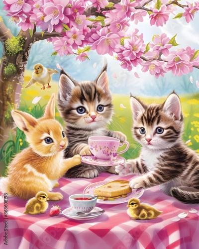 Adorable Baby Animals Enjoying a Cherry Blossom Tea Party photo