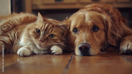Wallpaper Mural Cat And Dog Friends. A British Short Hair Cat and Golden Retriever Sitting Together Torontodigital.ca