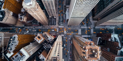 Aerial View of a City Intersection with Yellow Taxis