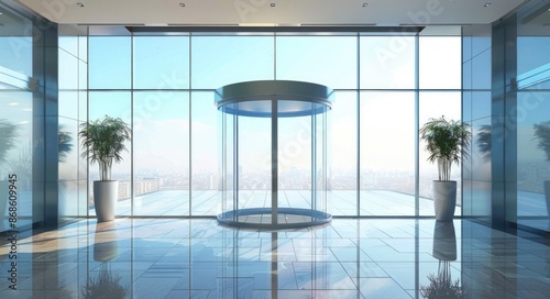 Door Revolving. Modern Luxury Building with Glass Revolving Door for Business Office Design photo