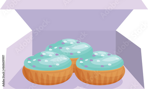 Three cupcakes with blue icing and sprinkles, resting in a slightly opened cardboard box