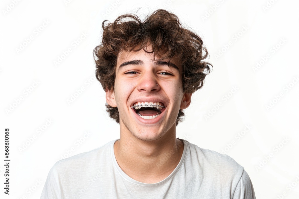 Smiles With Braces. Young Man Shows Enthusiasm with Disheveled Hair in Joyful Expression Smiles With Braces. Young Man Shows Enthusiasm with Disheveled Hair in Joyful Expression