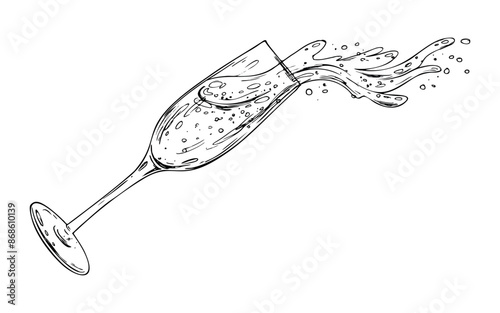 Glass goblet with champagne and splashes, sparkling wine. Line art is a simple hand-drawn illustration in black and white ink. Isolated vector EPS object.