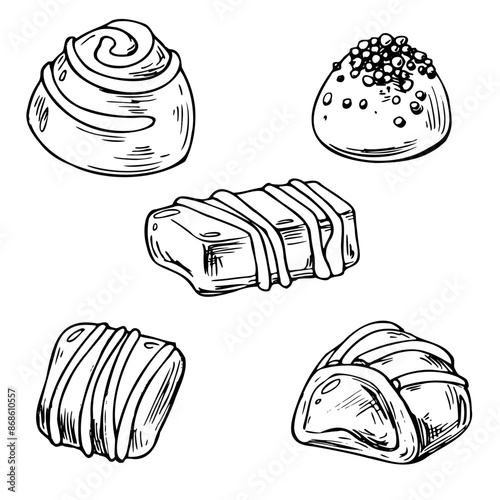 Unwrapped chocolate candies decorated icing and jelly inside. Line art is a simple hand-drawn illustration in black and white ink. Set of isolated objects vector EPS clip art.