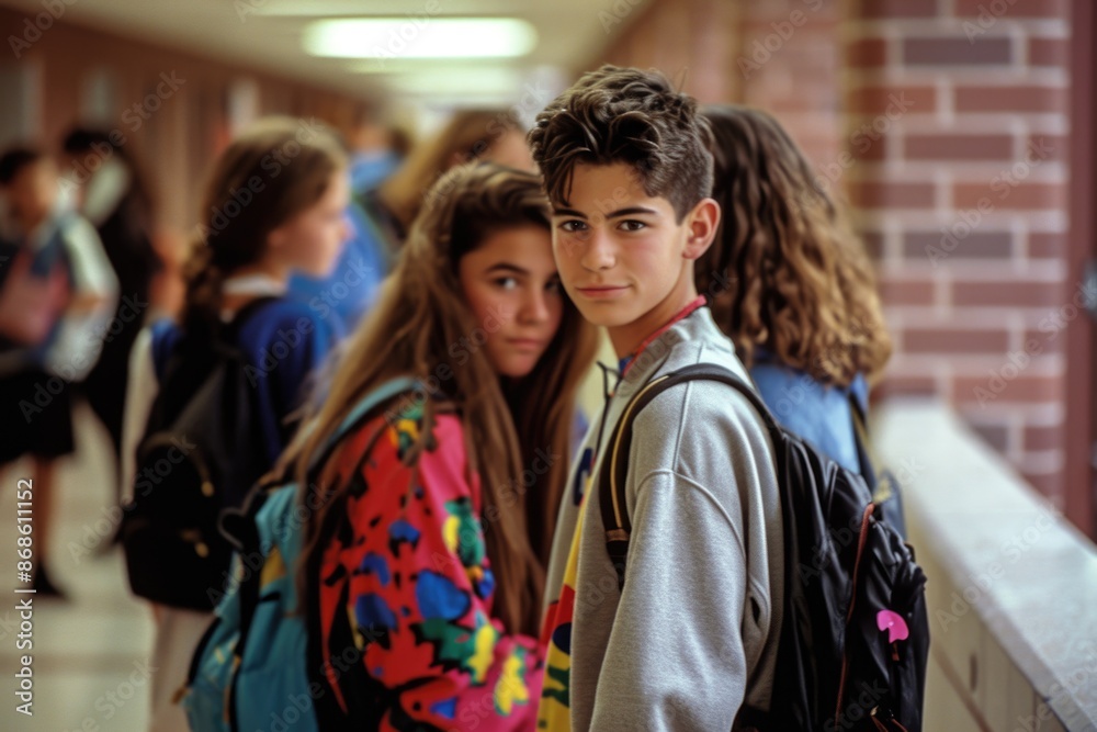 Nostalgic school days: a vibrant glimpse into the 1990s with schoolchildren and teenagers, capturing the essence of youth culture, education, friendships, and iconic fashion Nostalgic school days: a vibrant glimpse into the 1990s with schoolchildren and teenagers, capturing the essence of youth culture, education, friendships, and iconic fashion