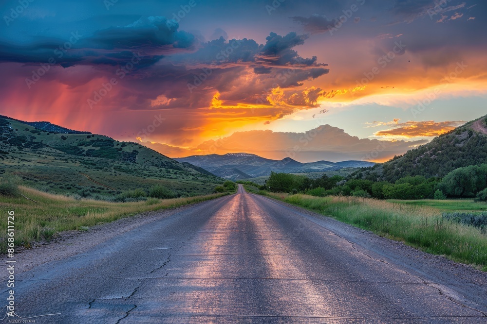 Naklejka premium Sunset in Utah: Dramatic Colors over a Desert Road in the American Countryside