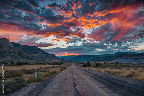 Sunset in Utah. Dramatic Colors of an Empty Road in Utah Countryside