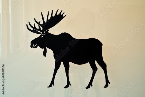 A black silhouette logo of a moose, capturing its imposing antlers and bulky shape, against a smooth glass background photo